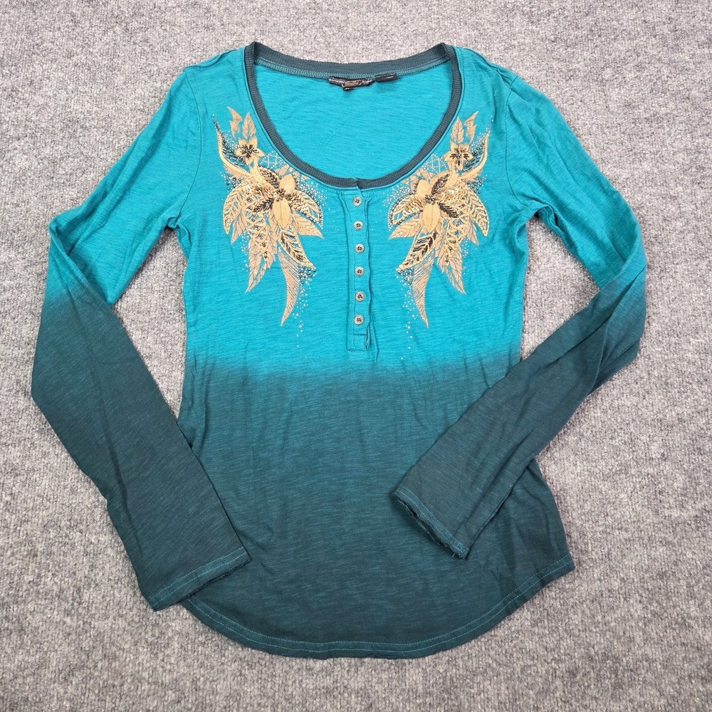 Vintage Y2K Miss Me ombre Embellished Henley Blue Long Sleeve Embroidered Large